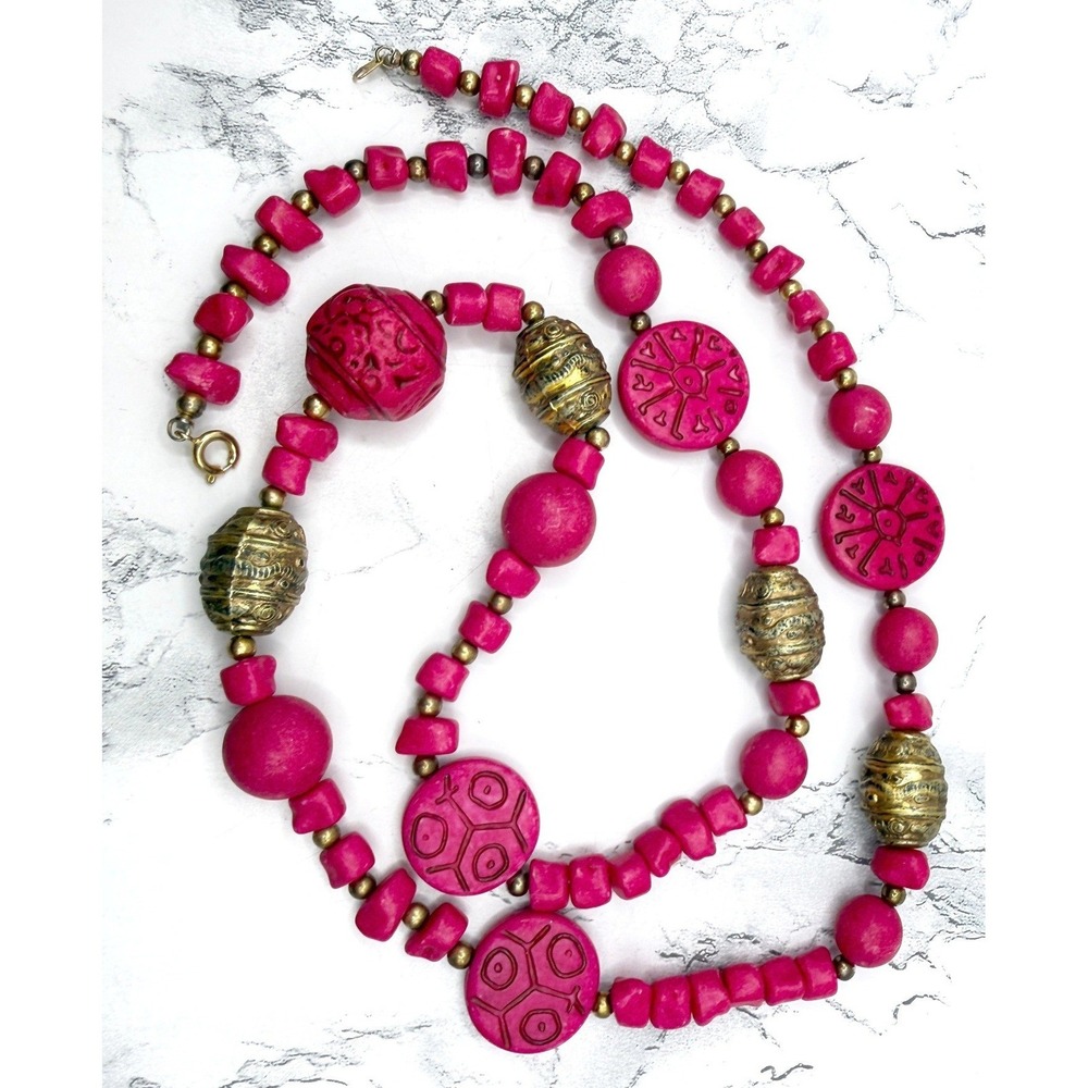 Hot Pink Gold Beaded Necklace 30" Statement Chunky Bright Bold